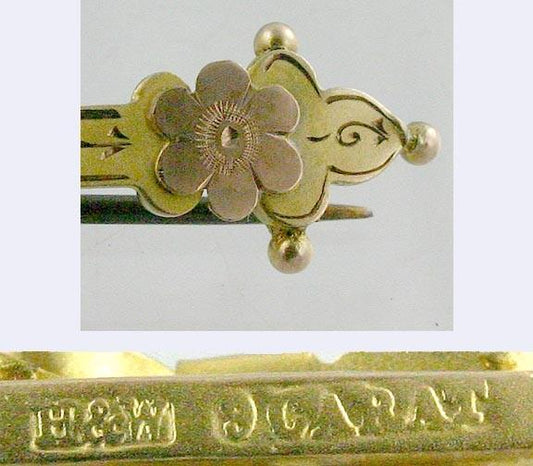 Hand Crafted 9k Yellow Gold 1800s Victorian Flower Bow Heart Dangle Bar Pin