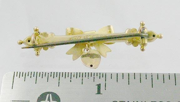 Hand Crafted 9k Yellow Gold 1800s Victorian Flower Bow Heart Dangle Bar Pin