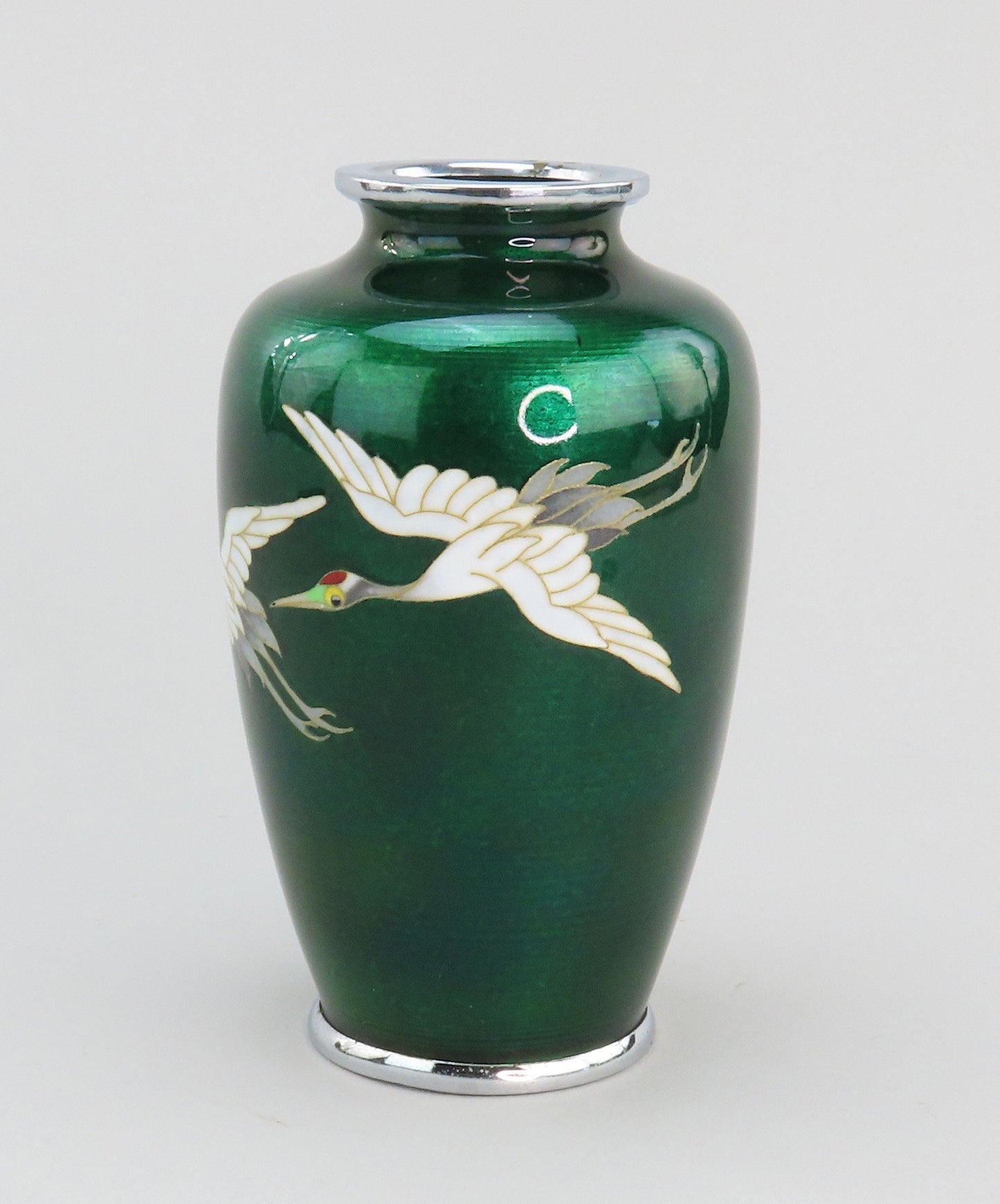 1920s/30s Japanese Cloisonné Translucent Green Enamel Vase with Cranes 4 7/8"