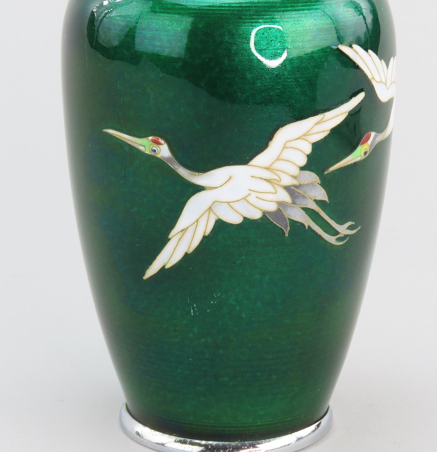 1920s/30s Japanese Cloisonné Translucent Green Enamel Vase with Cranes 4 7/8"