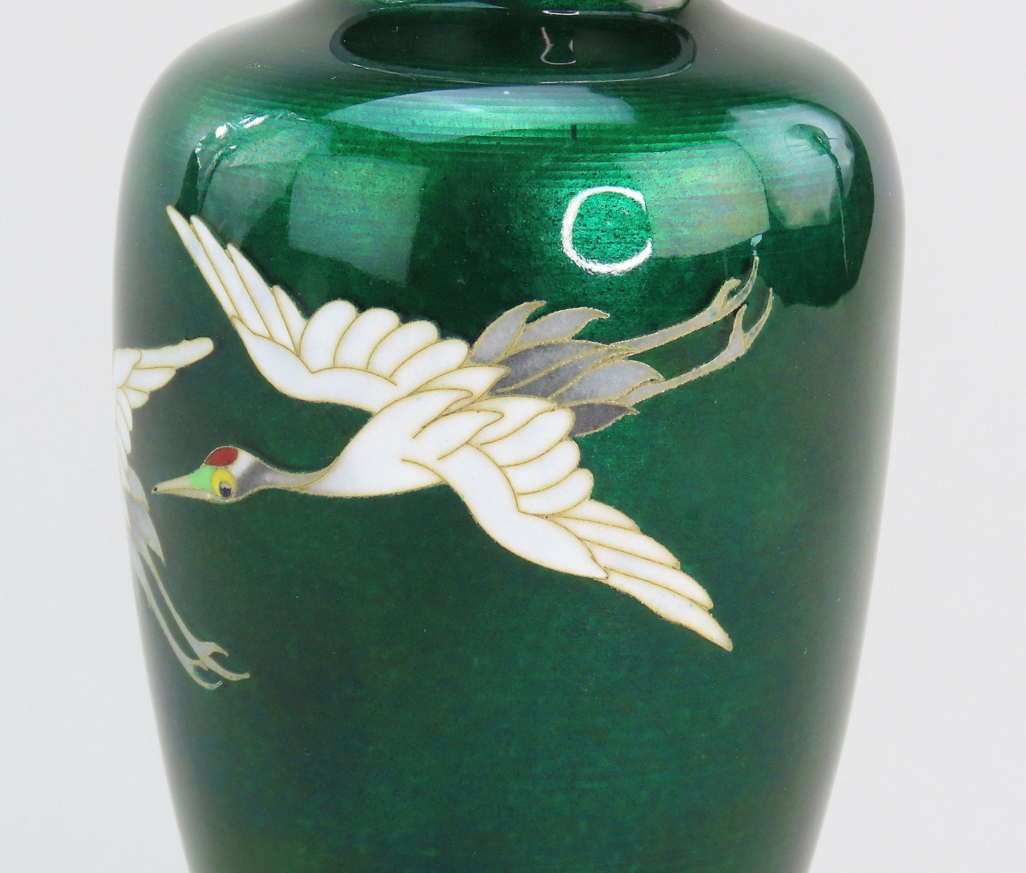 1920s/30s Japanese Cloisonné Translucent Green Enamel Vase with Cranes 4 7/8"