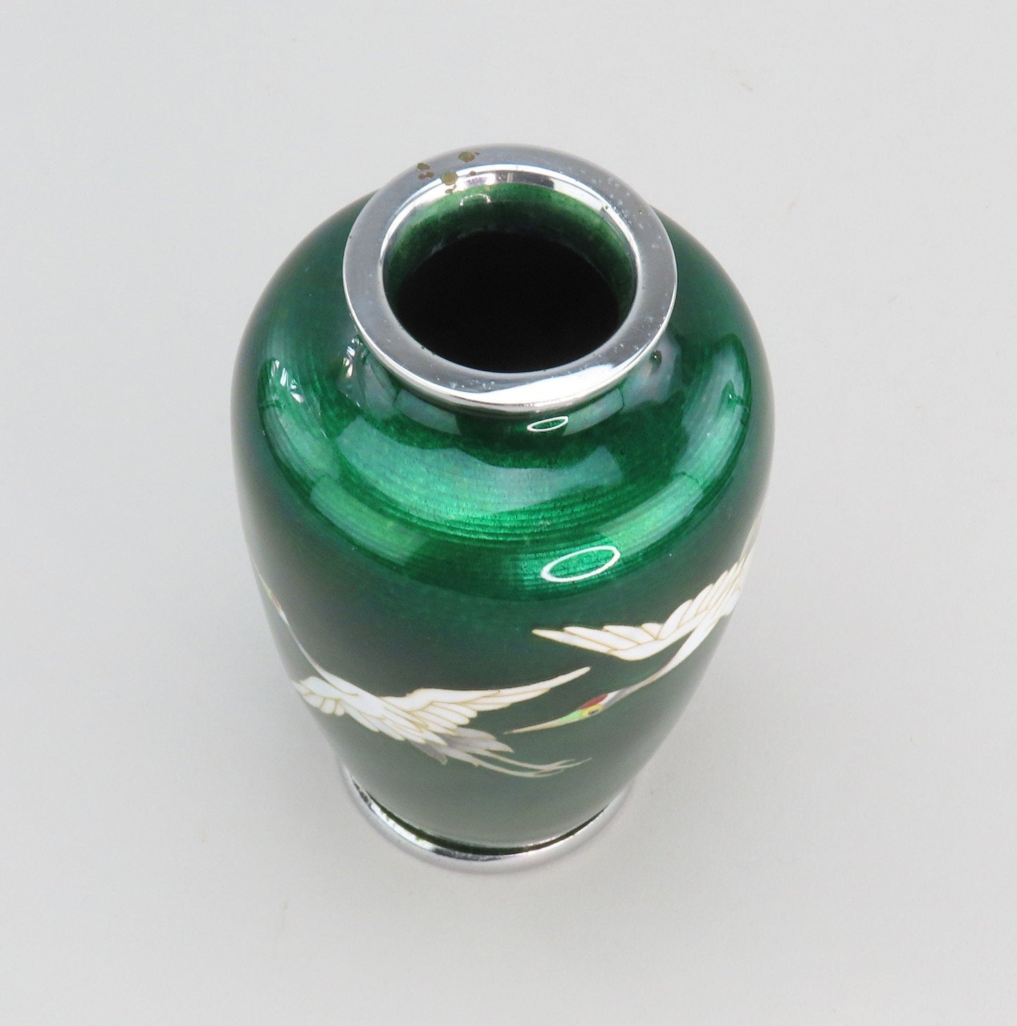 1920s/30s Japanese Cloisonné Translucent Green Enamel Vase with Cranes 4 7/8"