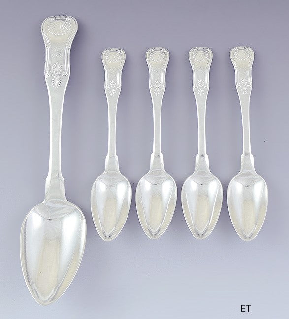 c1804-1829 Superb set 4 American Coin Silver King Teaspoons w/ 1 Serving Spoon