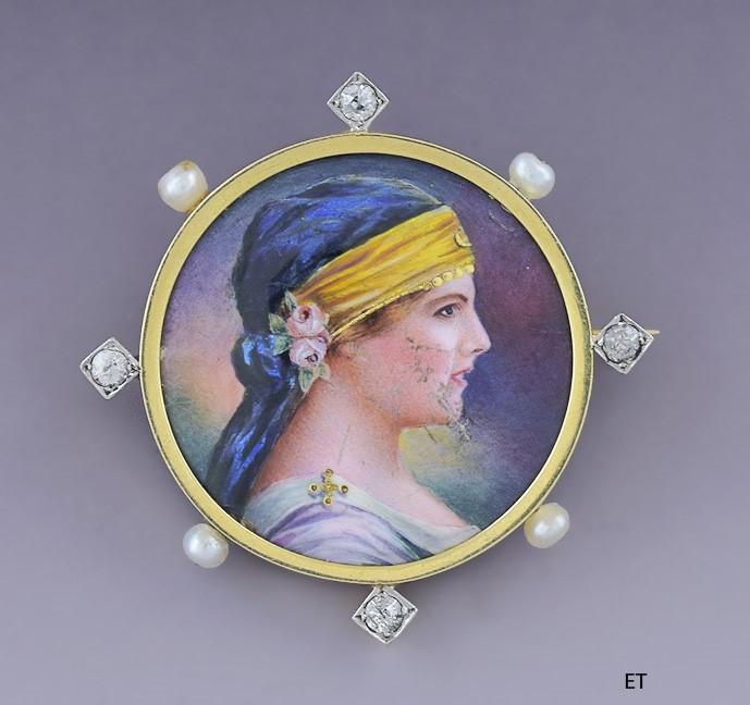 Superb Victorian 18k Gold Diamond Pearl Miniature Portrait of a Young Woman Pin