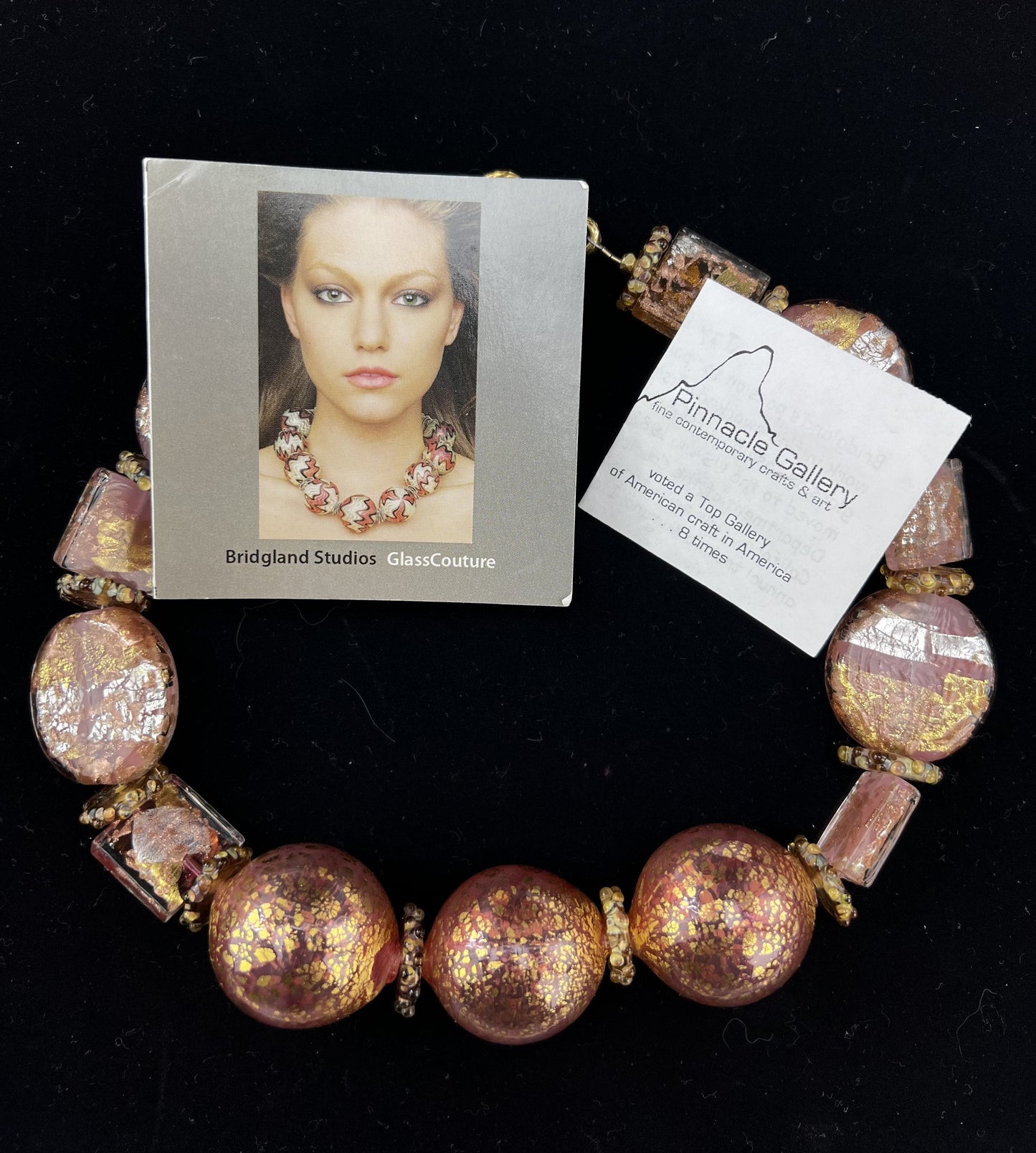 Artisan Jay Bridgland Glass Bead Couture Pink Gold Necklace 18 Inches