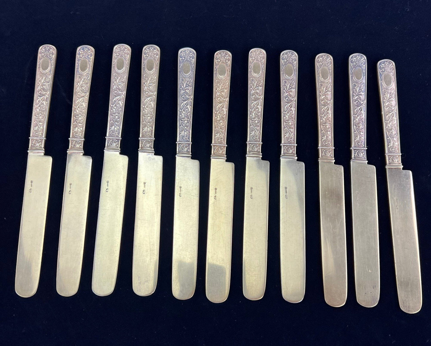 Superb Set 11 Antique German Solid 800 Silver Gold Gilt Breakfast Knives