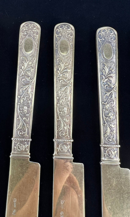Superb Set 11 Antique German Solid 800 Silver Gold Gilt Breakfast Knives