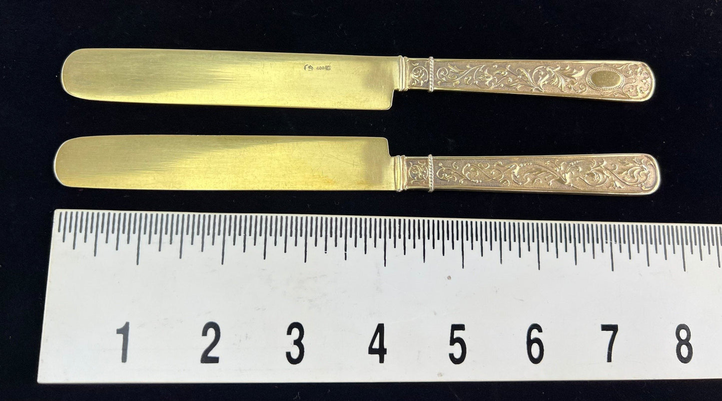 Superb Set 11 Antique German Solid 800 Silver Gold Gilt Breakfast Knives