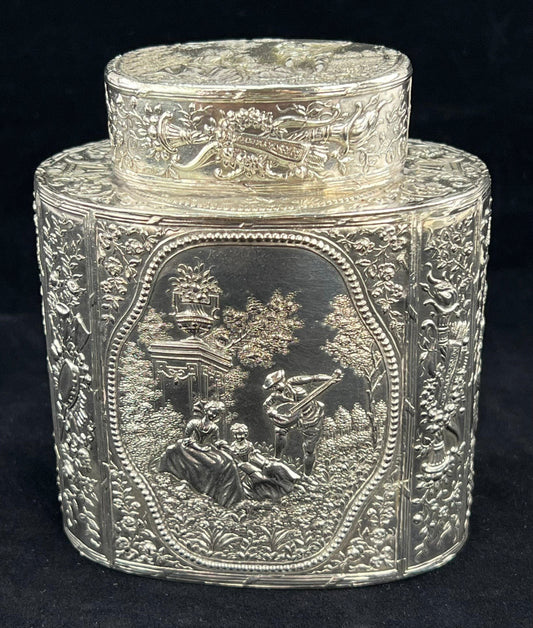 Ornate Late 1800s Hanau German Genre Scene Chased Bottle Form Tea Caddy