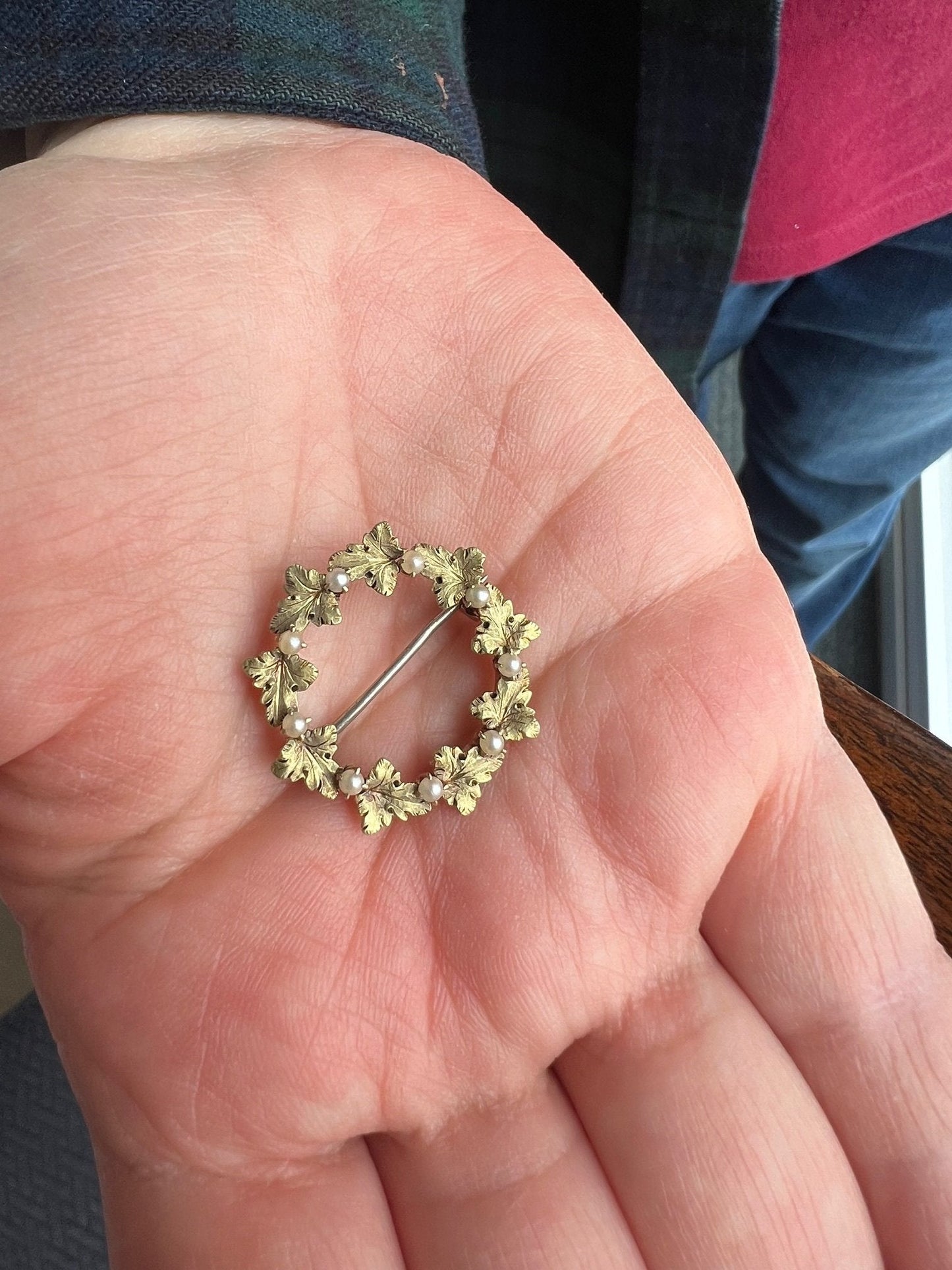 Antique Victorian 18K Gold and Natural Pearl Wreath Pin