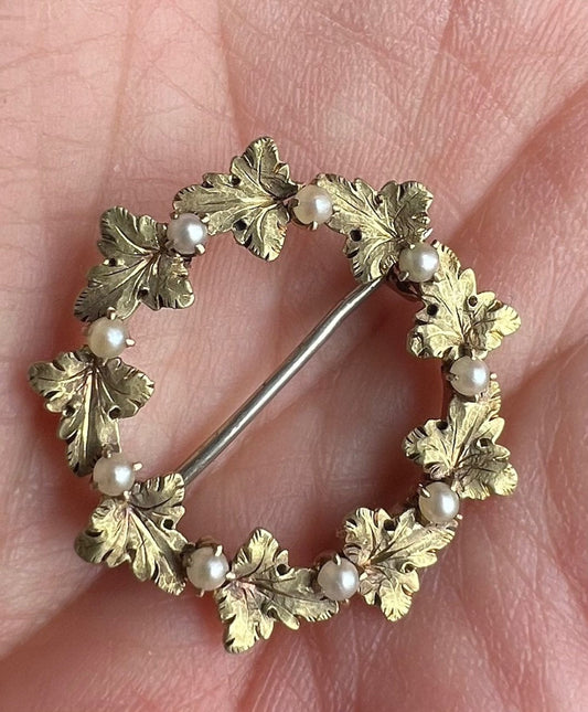 Antique Victorian 18K Gold and Natural Pearl Wreath Pin