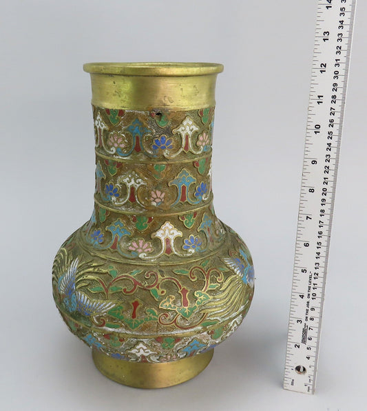 c1890 Large Chinese Brass Champlevé Vase Phoenix Birds Multi Color 12" Tall