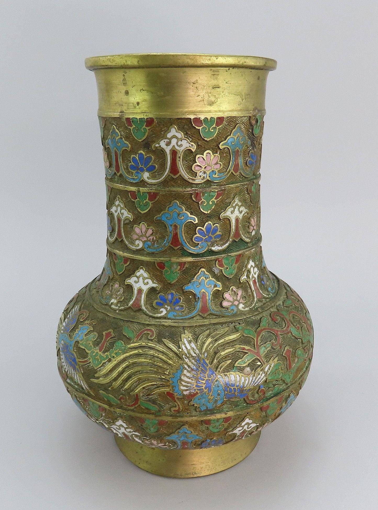 c1890 Large Chinese Brass Champlevé Vase Phoenix Birds Multi Color 12" Tall