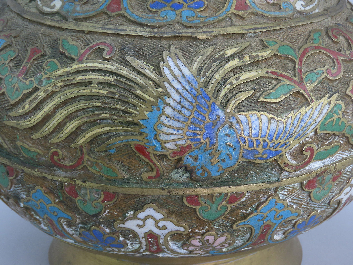 c1890 Large Chinese Brass Champlevé Vase Phoenix Birds Multi Color 12" Tall
