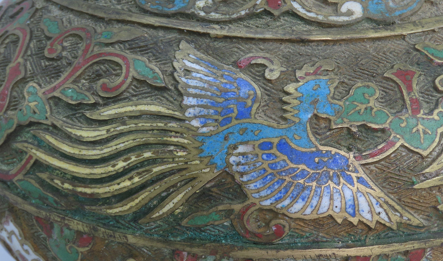 c1890 Large Chinese Brass Champlevé Vase Phoenix Birds Multi Color 12" Tall