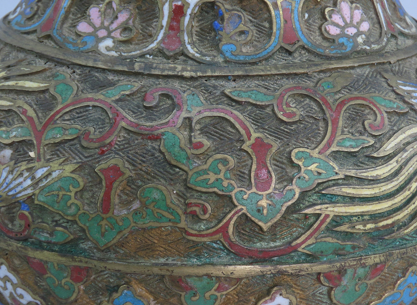 c1890 Large Chinese Brass Champlevé Vase Phoenix Birds Multi Color 12" Tall