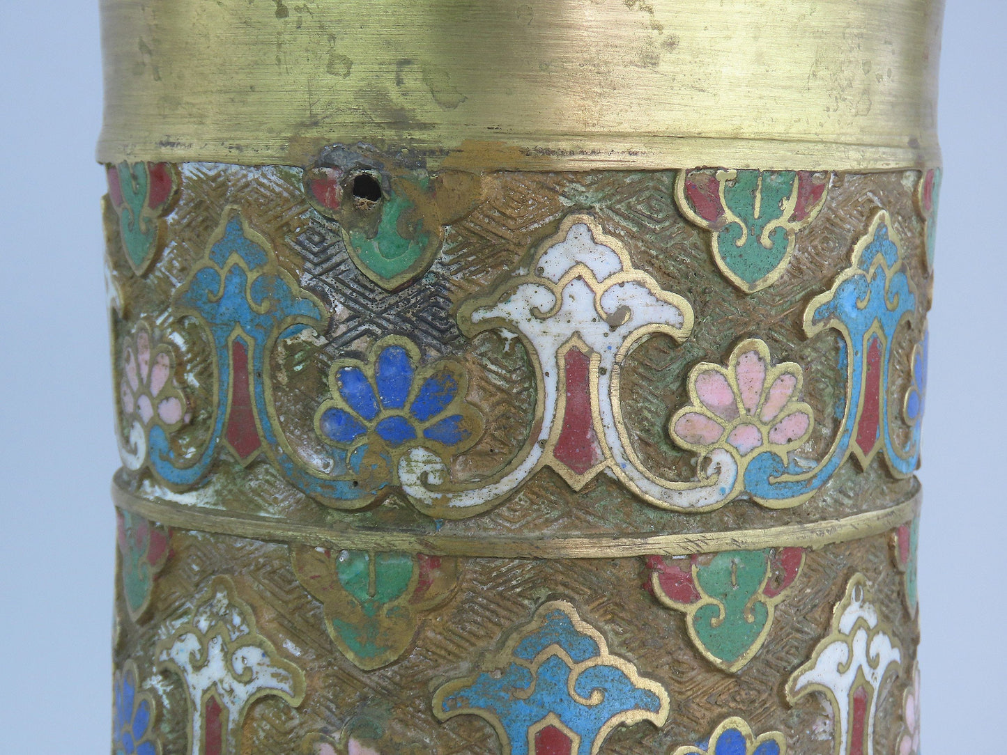 c1890 Large Chinese Brass Champlevé Vase Phoenix Birds Multi Color 12" Tall