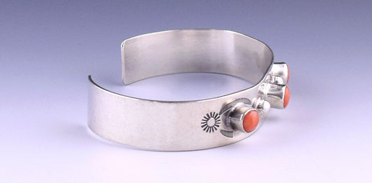 Shining Vintage Sterling Silver Cuff Bracelet w/ Red Coral and Punch Marks
