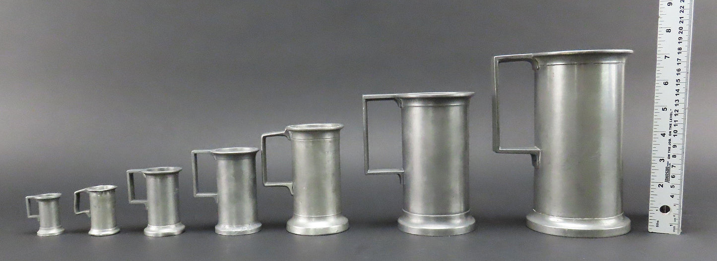 Great Set 7 Antique French Pewter Measuring Cups Tankards Liter to Centiliter