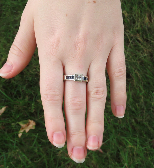 Stylish 14k White Gold 4 Radiant Cut Diamond and Sapphire Ring