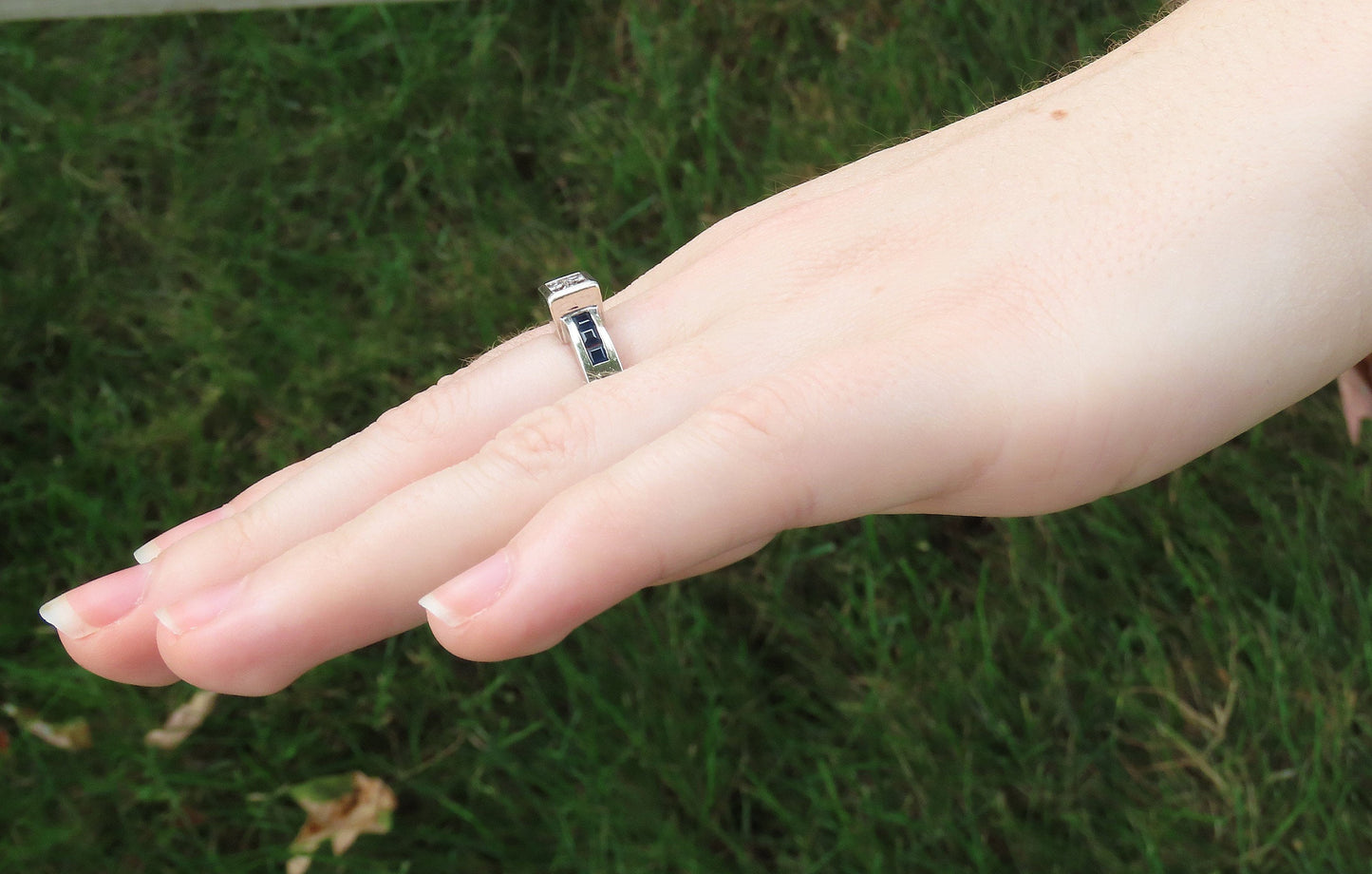Stylish 14k White Gold 4 Radiant Cut Diamond and Sapphire Ring