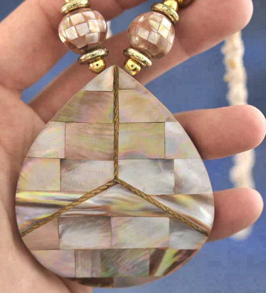 Mother of Pearl and Abalone Shell Necklace w/ Large Teardrop Pendant