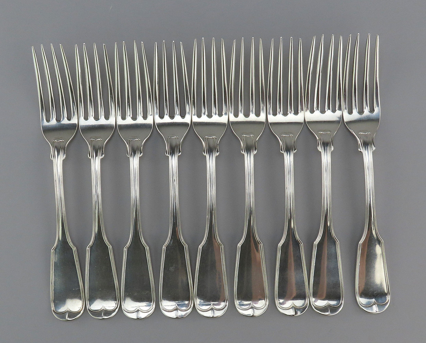 9 Huge 1840s Coin Silver Dinner Fiddle Thread Forks Jones Lows Ball 8 1/4"