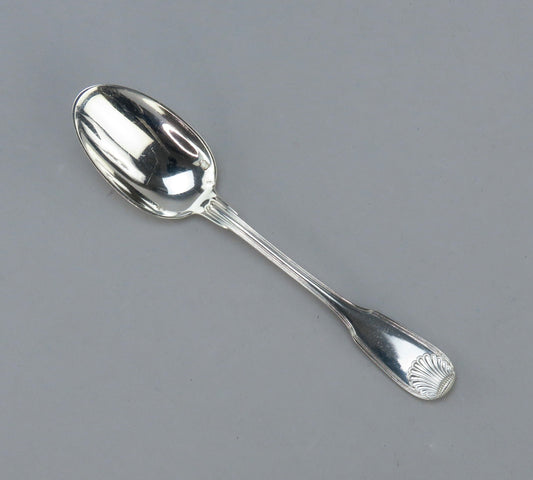 Superb Set Antique French 950 Silver Puiforcat Fiddle Shell Spoons w Great Crest