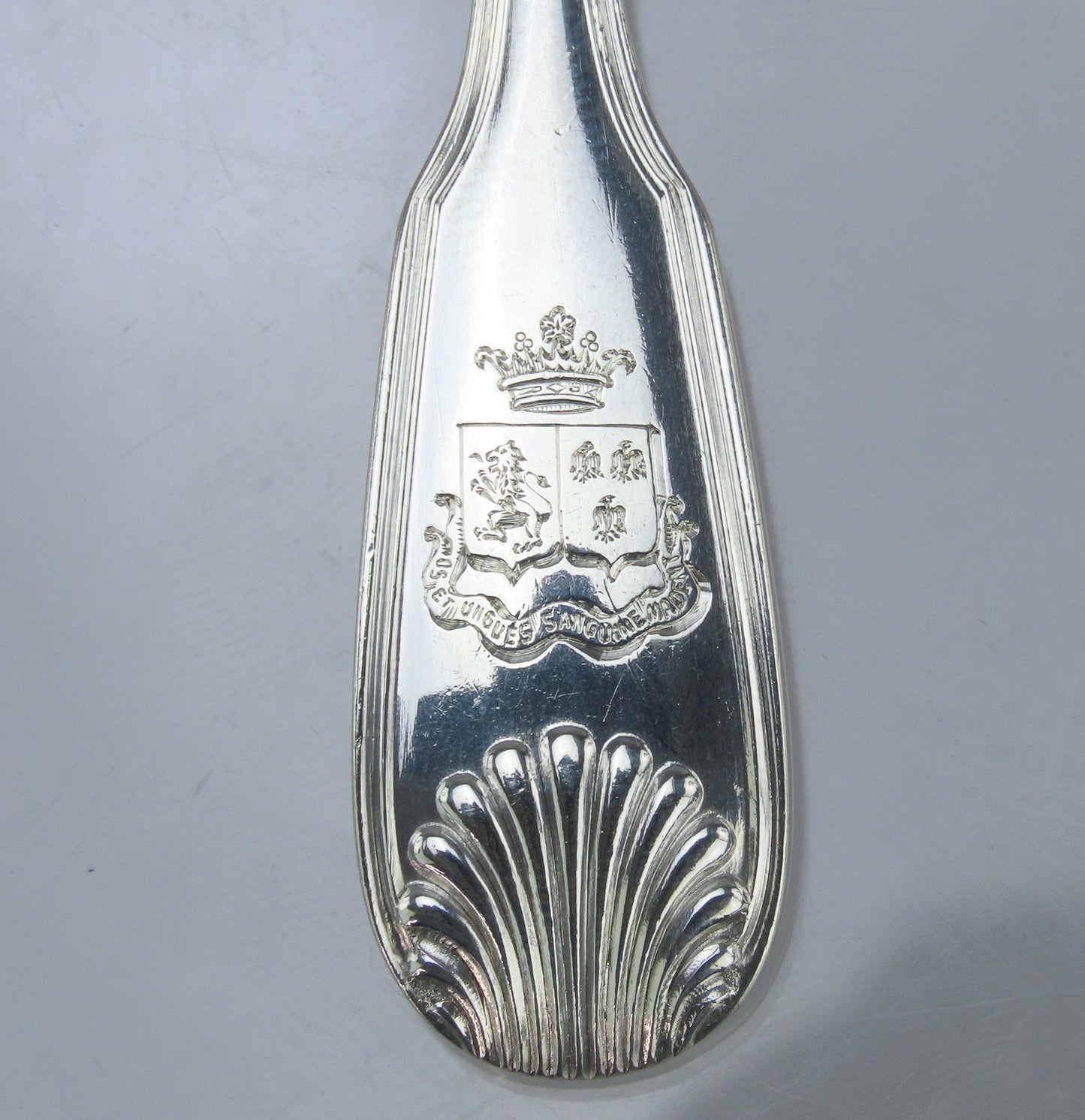 Superb Set Antique French 950 Silver Puiforcat Fiddle Shell Spoons w Great Crest