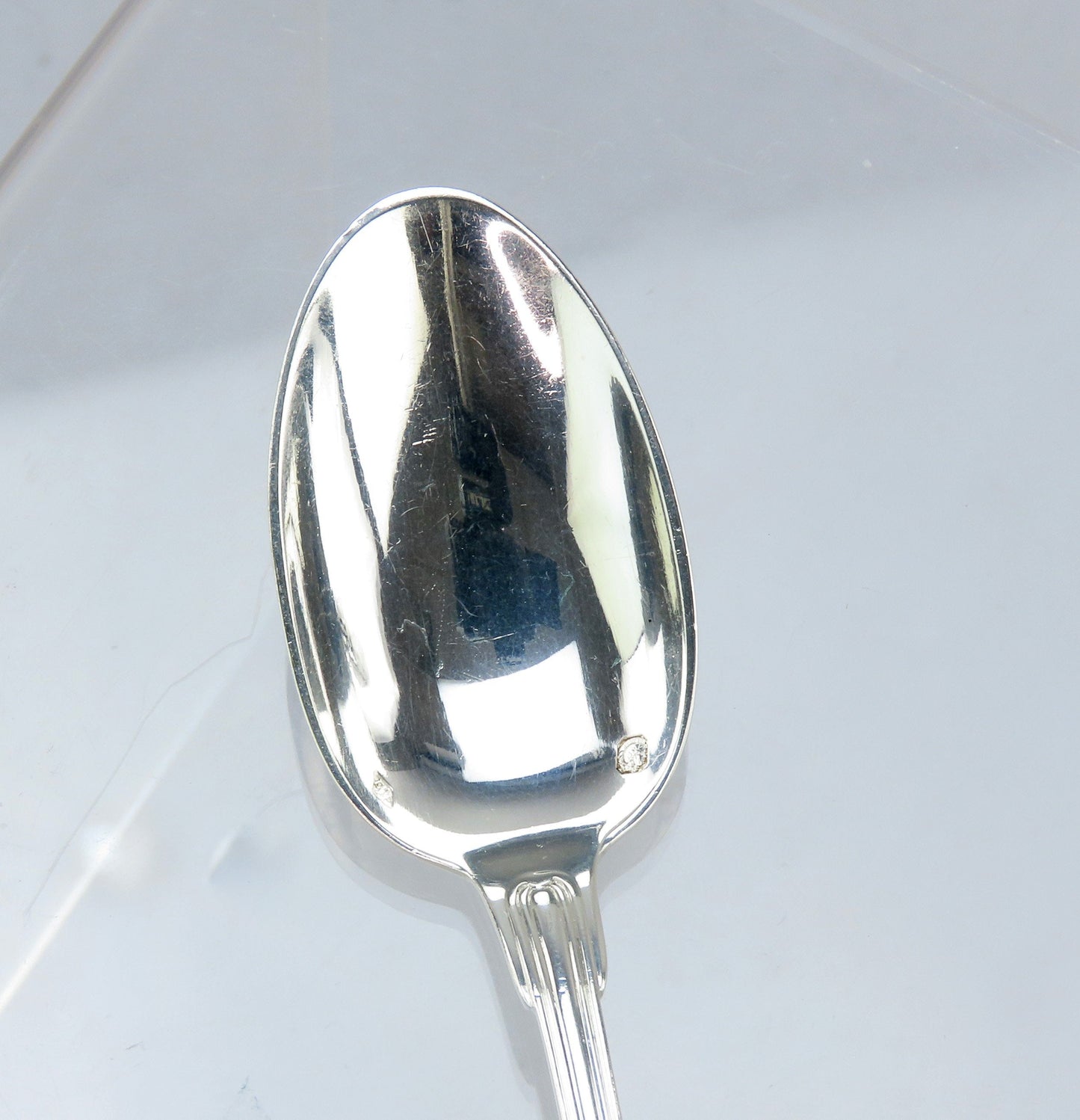 Superb Set Antique French 950 Silver Puiforcat Fiddle Shell Spoons w Great Crest