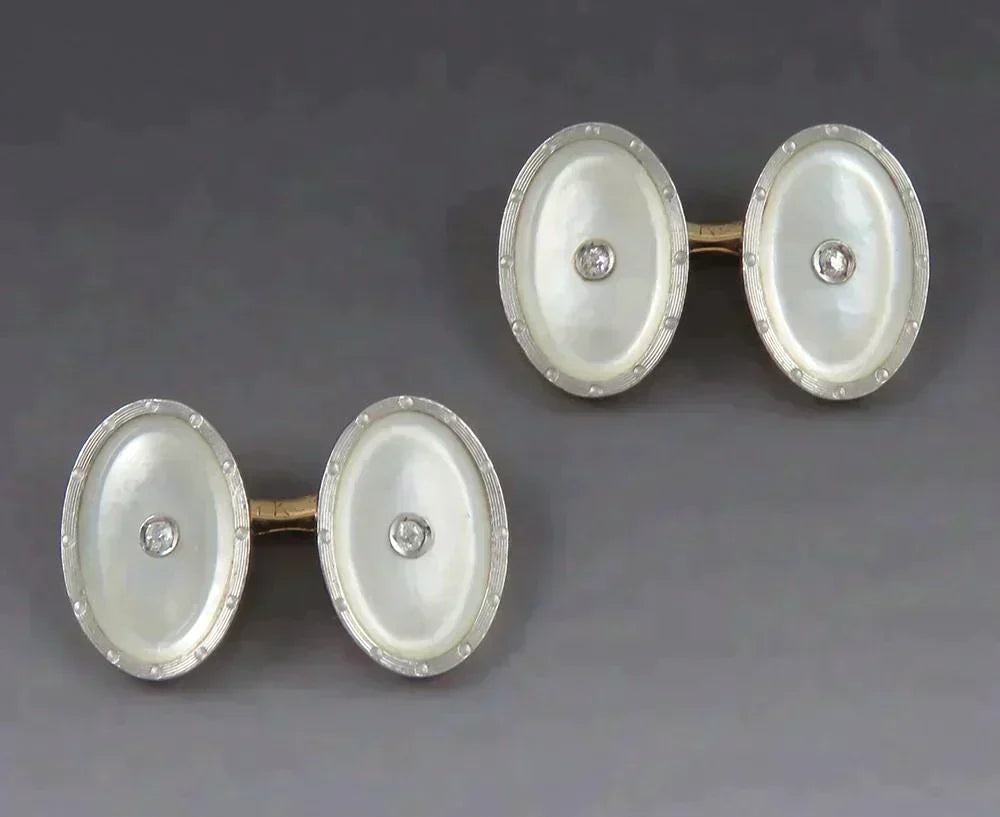 Antique Deco c1915 Krementz 14K Gold Platinum MOP Shell Diamond Mens Cufflinks
