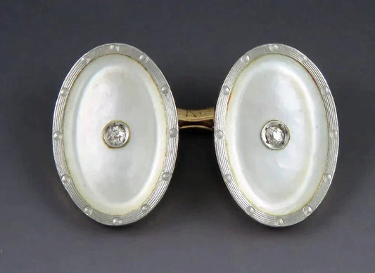 Antique Deco c1915 Krementz 14K Gold Platinum MOP Shell Diamond Mens Cufflinks