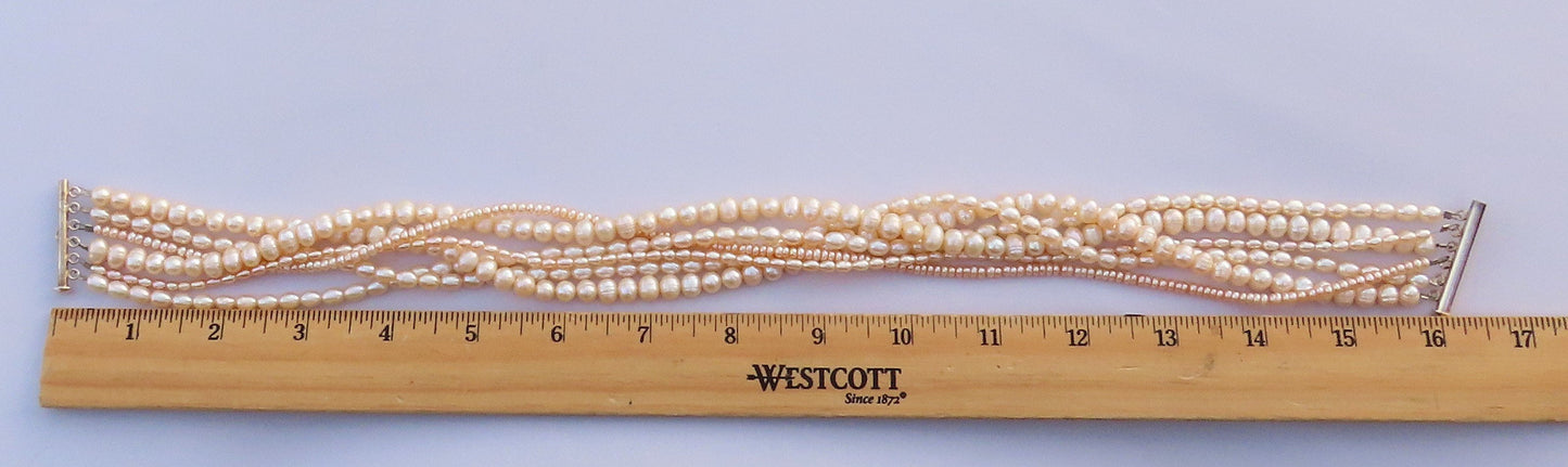 Vintage Elegant 6 Strand Real Pearl Necklace Sterling Silver Closure 17 Inches