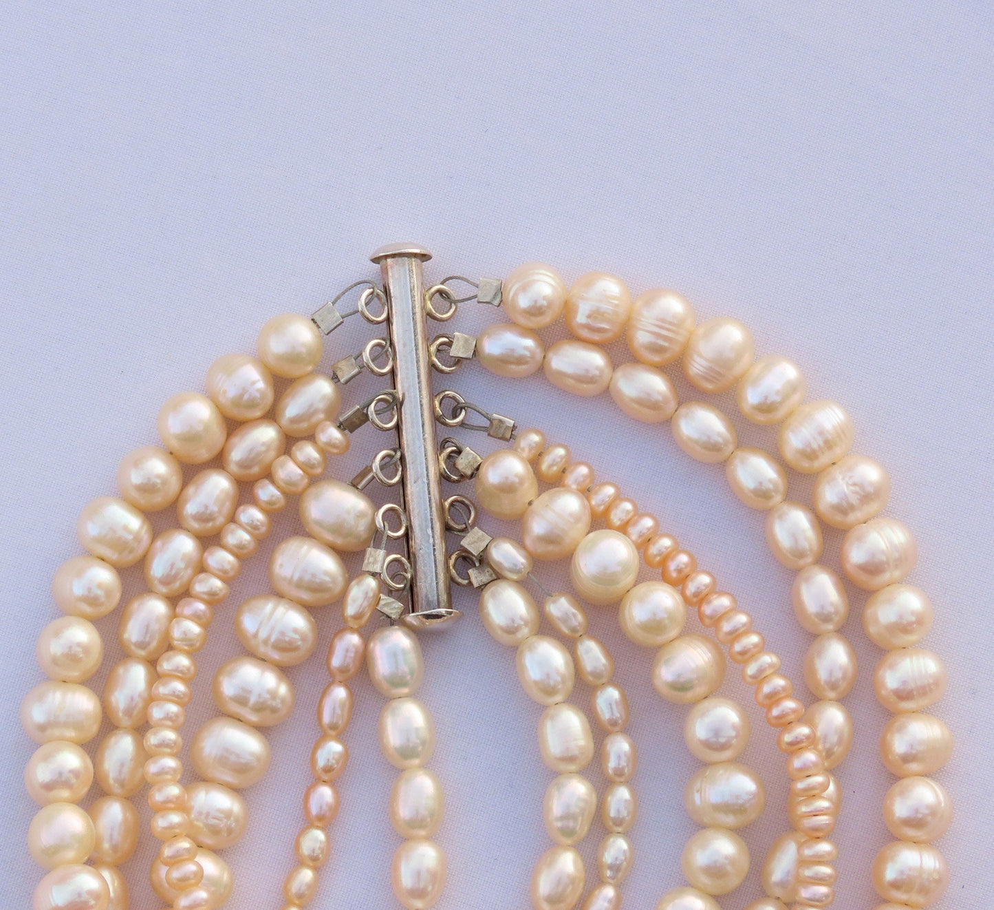 Vintage Elegant 6 Strand Real Pearl Necklace Sterling Silver Closure 17 Inches