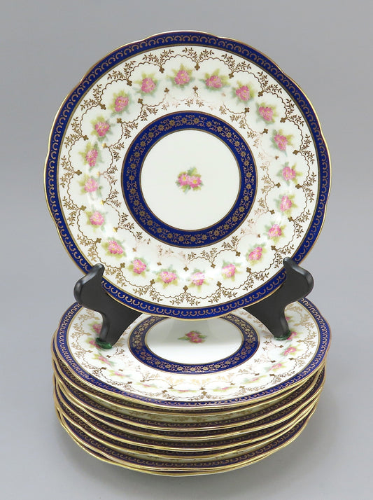9 Lovely Cauldon Porcelain Luncheon Plates c1915 Pink Flowers w/ Cobalt 8 3/4"