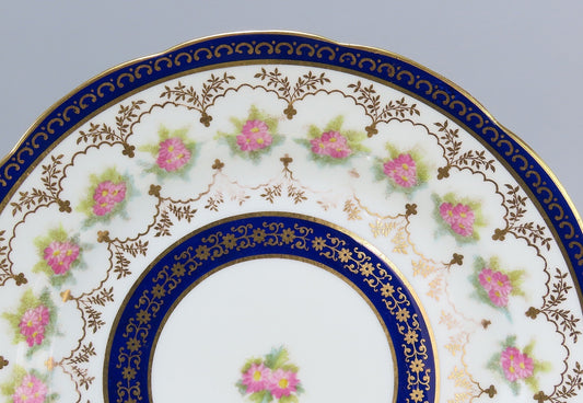9 Lovely Cauldon Porcelain Luncheon Plates c1915 Pink Flowers w/ Cobalt 8 3/4"