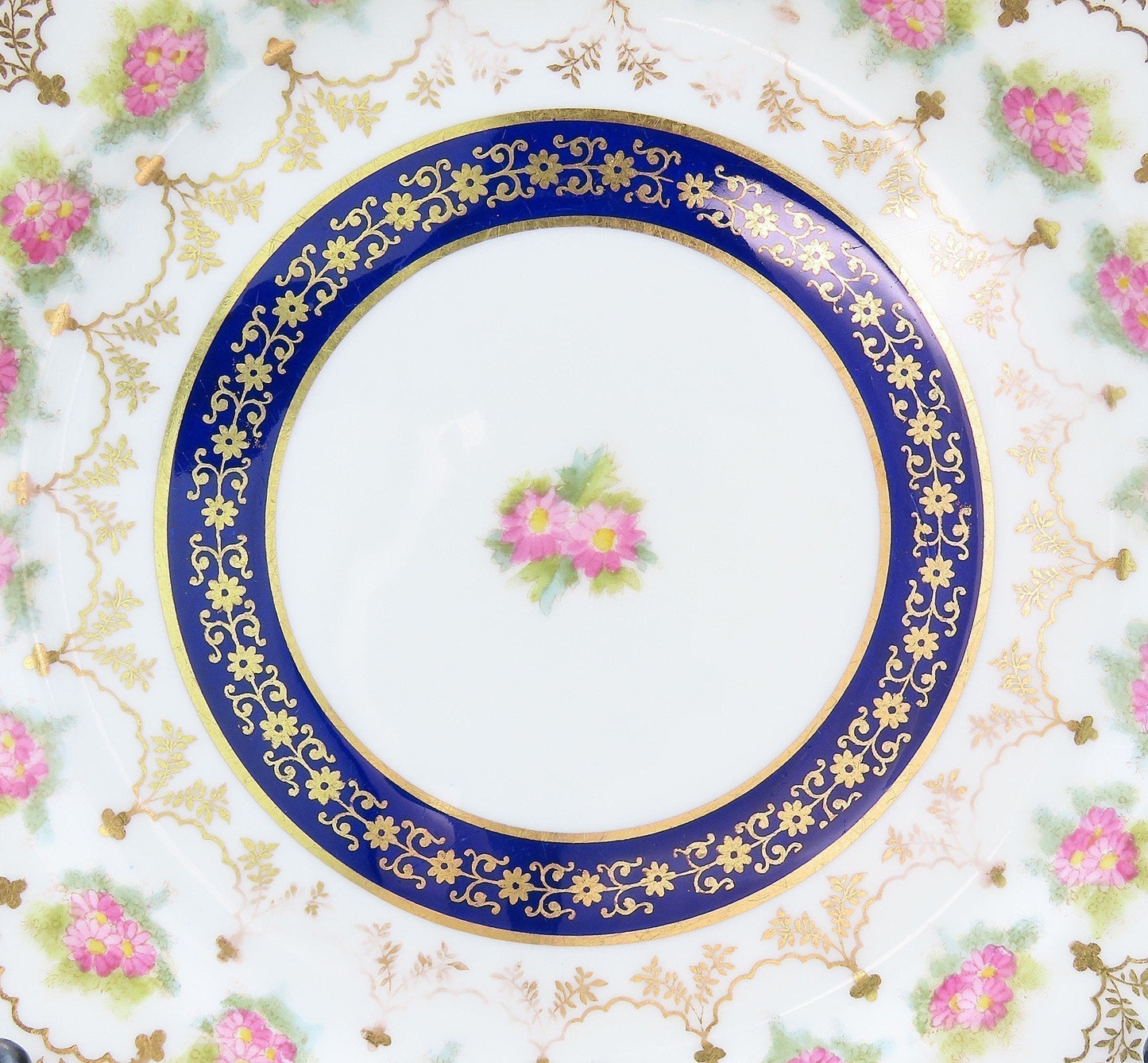 9 Lovely Cauldon Porcelain Luncheon Plates c1915 Pink Flowers w/ Cobalt 8 3/4"