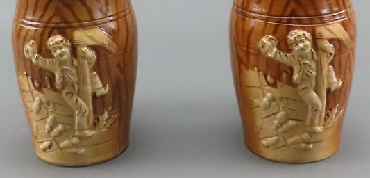 Charming Pair German Porcelain Beer Steins Lidded Reinhold Hanke Bowling Pin