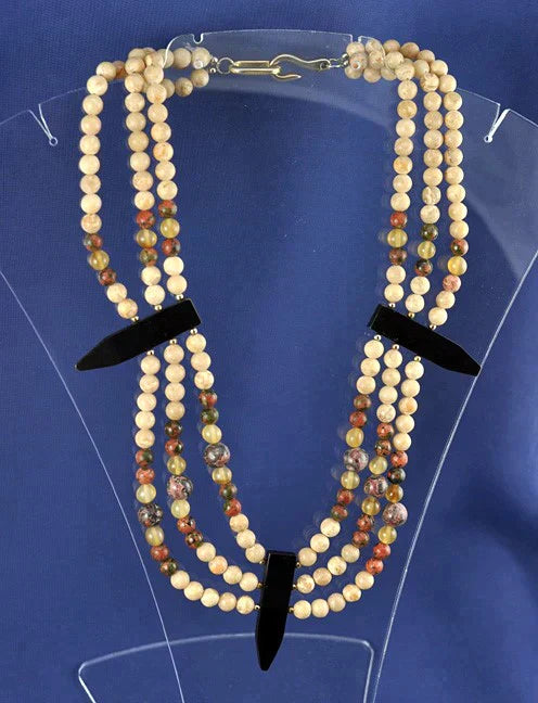 Neat Triple-Strand Genuine Agate/Stone Bead Necklace