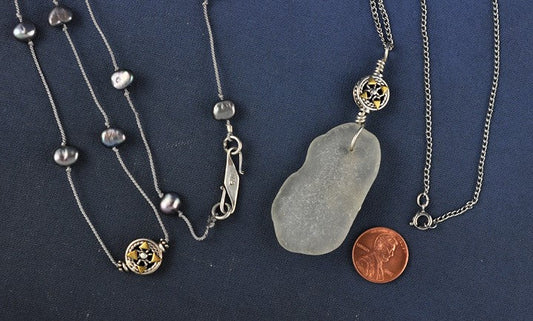 2 Sterling Silver Necklaces Lobster Sea Glass Rope Gray Pearl