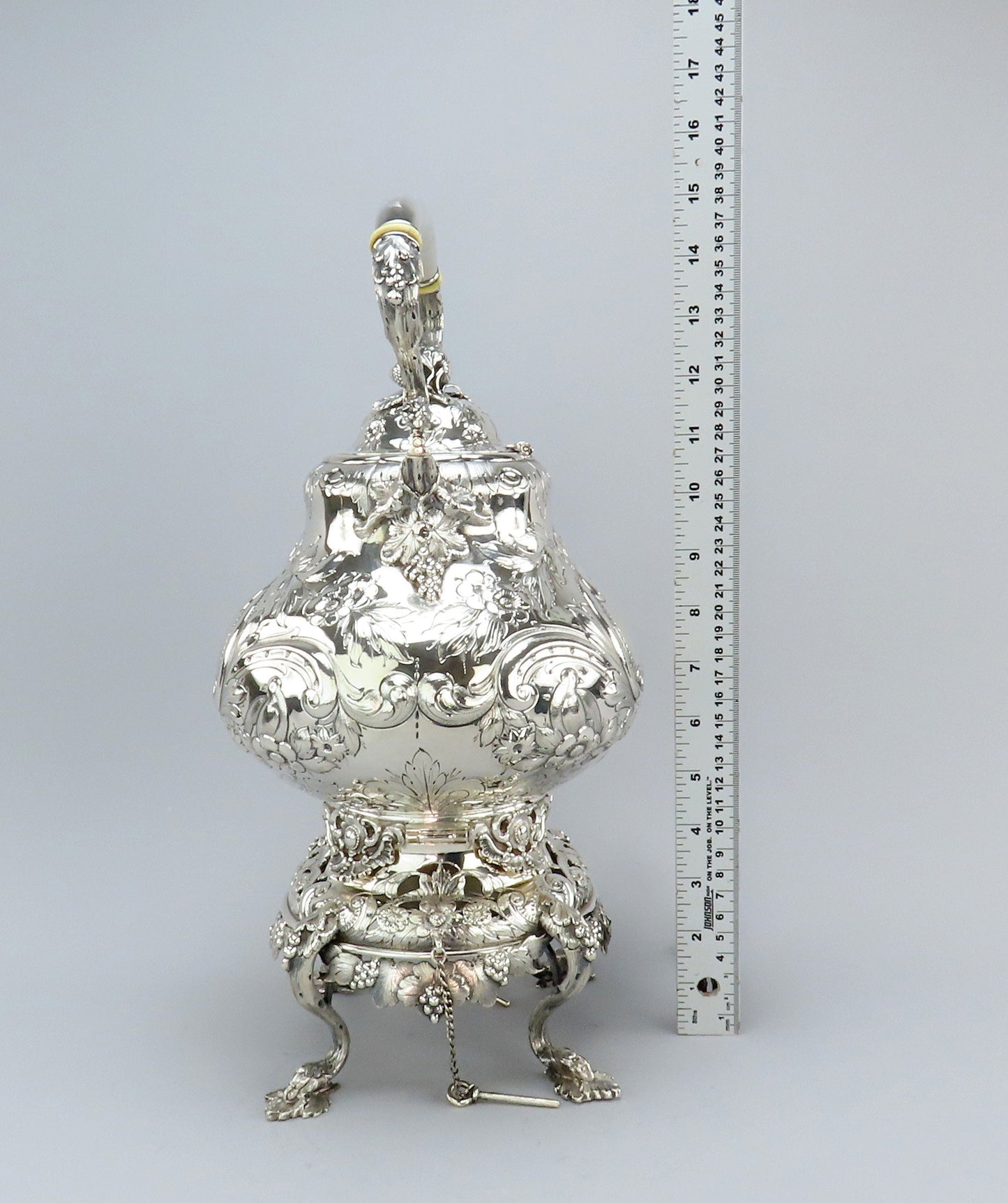 c1850s Gorgeous American Coin Silver Kettle On Stand Fargo Family Monogram 15"