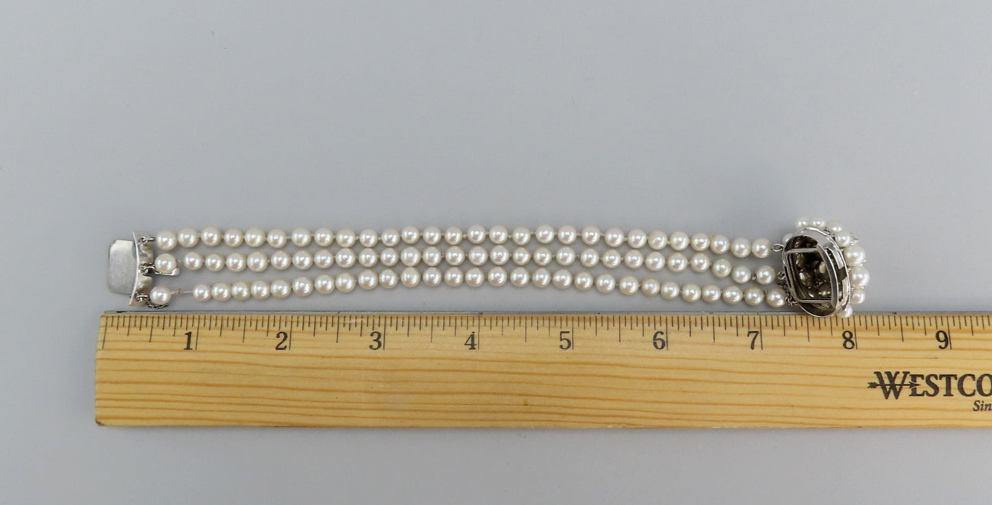 Stunning 14k White Gold Diamond Triple Strand ~5mm Pearl Bracelet