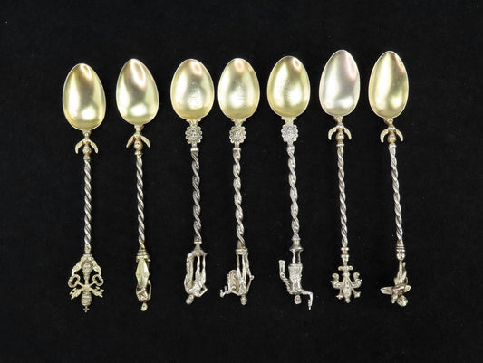 Superb Set 7 Italian 800 Silver Gilt City Souvenir Spoons Vatican Florence
