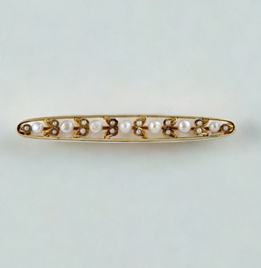 Lovely Antique 14k Gold Pearl Enameled Bar Pin 1900s
