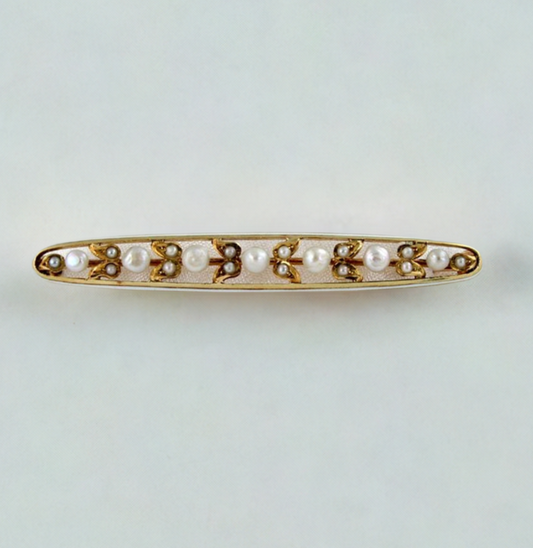 Lovely Antique 14k Gold Pearl Enameled Bar Pin 1900s