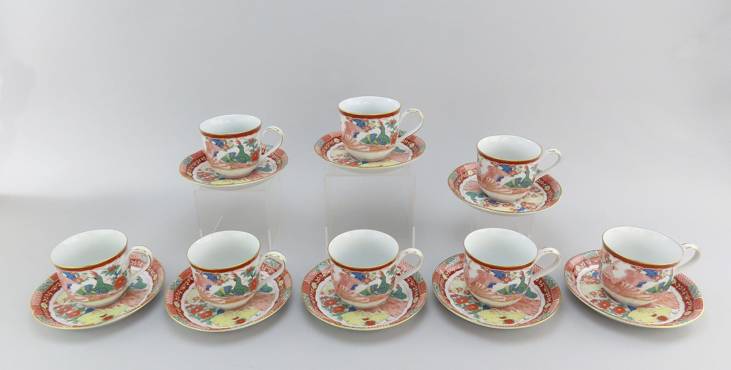 8 Large Cups and Saucers Gumps San Francisco Phoenix Bird 9639 Imari Style