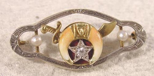 Great 14k Gold Masonic/Shriners Diamond Pearl Enameled Pin
