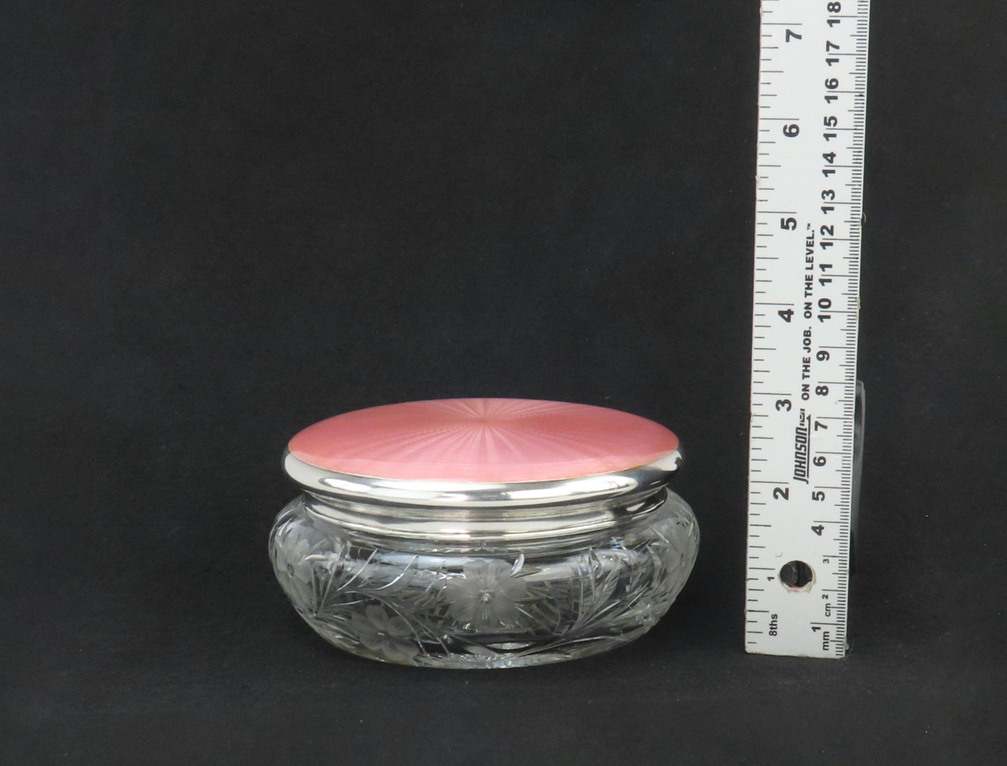 American Brilliant Period ABP Cut Glass Dresser Jar Sterling Silver Pink Enamel