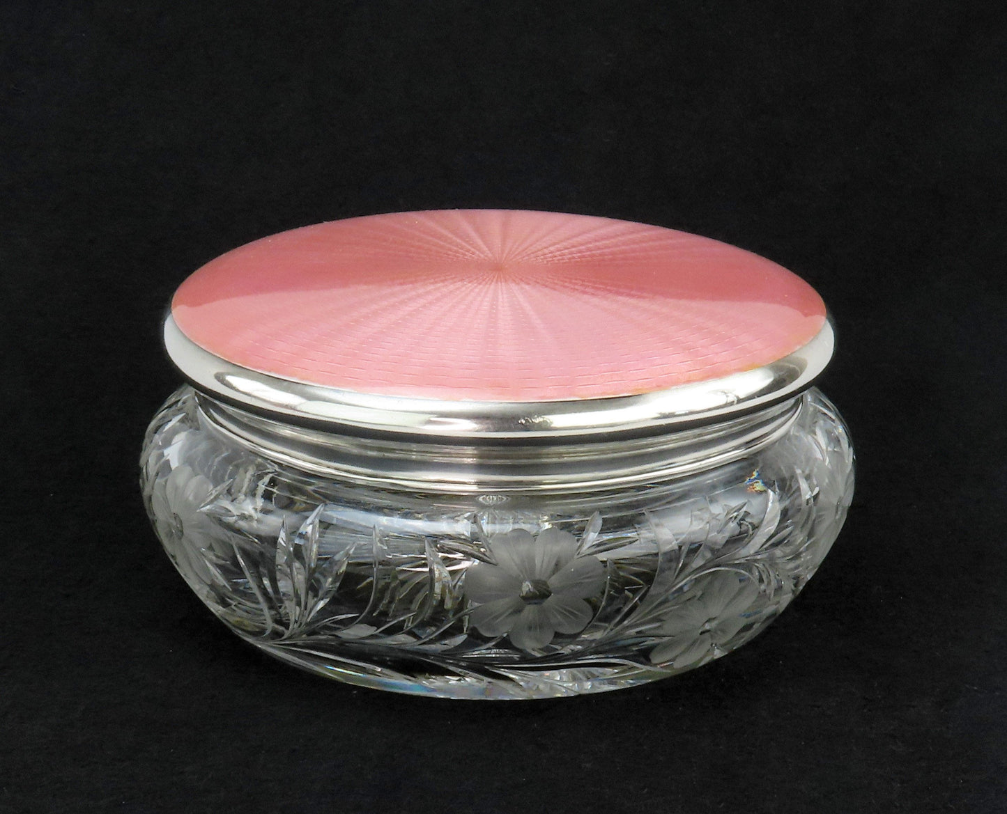 American Brilliant Period ABP Cut Glass Dresser Jar Sterling Silver Pink Enamel