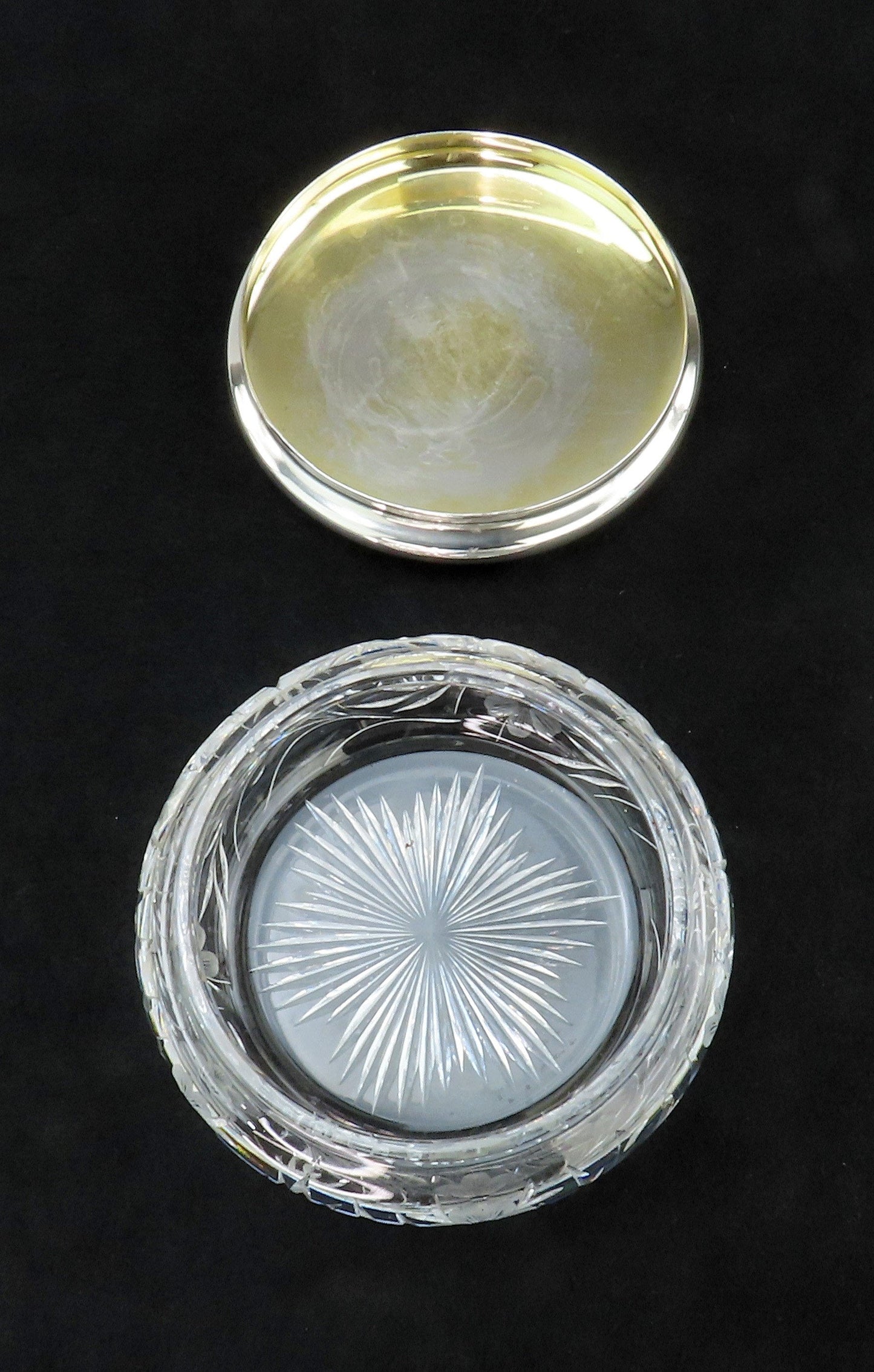 American Brilliant Period ABP Cut Glass Dresser Jar Sterling Silver Pink Enamel
